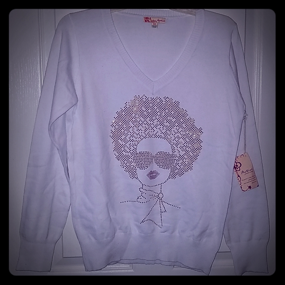 Afro Lady Rhinestone V-Neck Sweater - 1X = 14